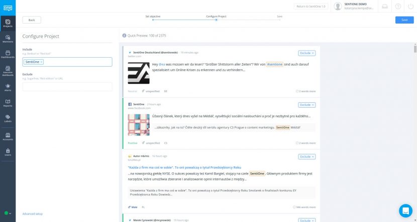 Konfigurace projektu pro sledování značky v sociálních sítích v nástroji SentiOne