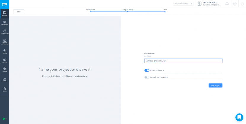 Marken-Tracking-Projekt in SentiOne-App speichern