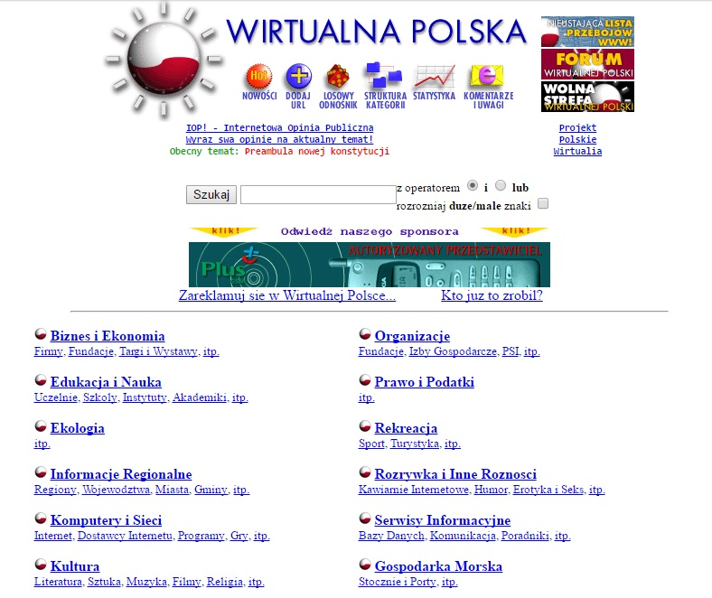 Strona główna Wirtualnej Polski w 1996 roku. Zamiast wiadomości z kraju i ze świata - katalog stron na przeróżne tematy.