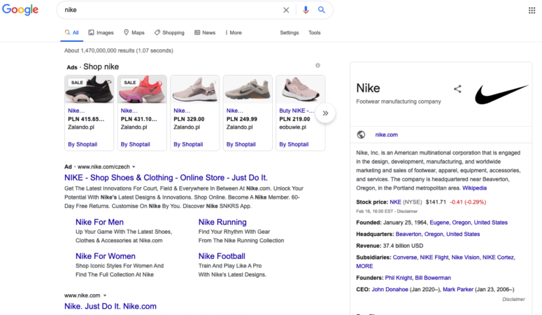 The Google search results for Nike.